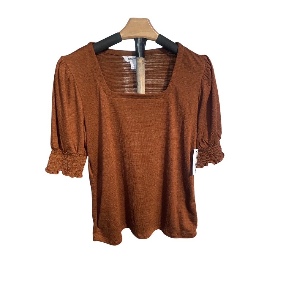 Nine West Womens Rust Brown Square Neck Smocked Puff Sleeve Blouse Medium NEW - Picture 2 of 4